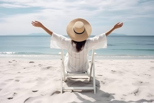 Summer beach vacation concept. Back view of woman in sun hat with rised hands on sunbed. Neural network generated in May 2023. Not based on any actual person, scene or pattern.