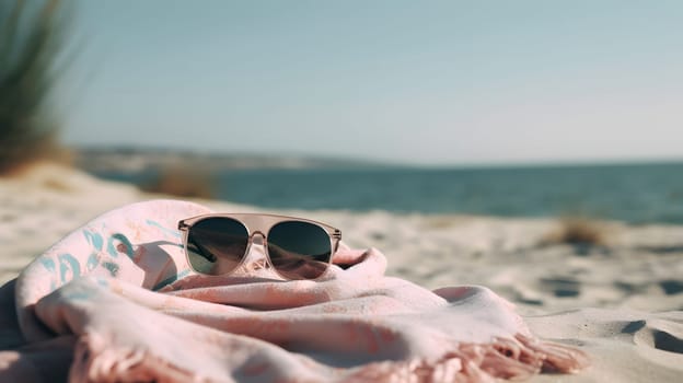 summer vacation scene on sunny sand beach with towel and sunglasses. Neural network generated in May 2023. Not based on any actual person, scene or pattern.