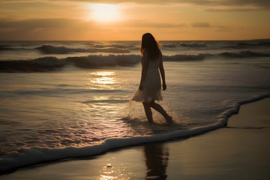 young romantic caucasian blonde long-haired woman in light white dress walking on sunset beach surf. Neural network generated in May 2023. Not based on any actual person, scene or pattern.