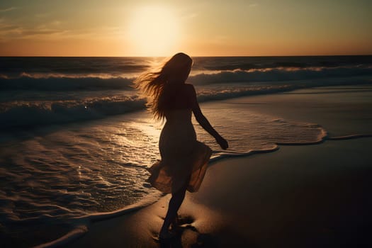 young romantic caucasian blonde long-haired woman in light white dress walking on sunset beach surf. Neural network generated in May 2023. Not based on any actual person, scene or pattern.