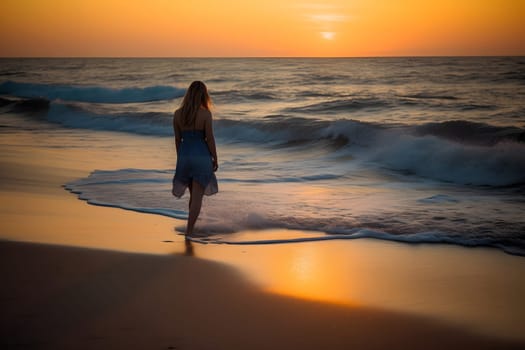 young romantic caucasian blonde long-haired woman in light white dress walking on sunset beach surf. Neural network generated in May 2023. Not based on any actual person, scene or pattern.