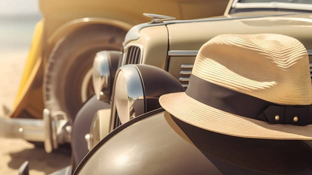 vintage car parked on beach with sun hat on fender. Neural network generated in May 2023. Not based on any actual person, scene or pattern.