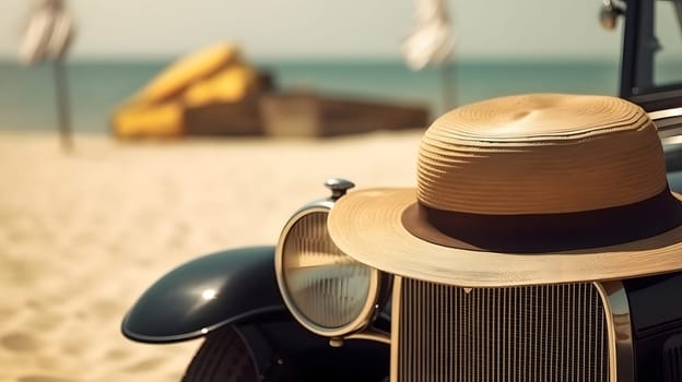 vintage car parked on beach with sun hat on fender. Neural network generated in May 2023. Not based on any actual person, scene or pattern.