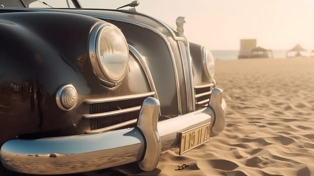 Vintage car parked on beach at sunny day. Neural network generated in May 2023. Not based on any actual person, scene or pattern.