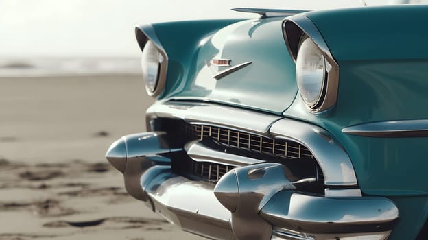 Vintage car parked on beach at sunny day. Neural network generated in May 2023. Not based on any actual person, scene or pattern.