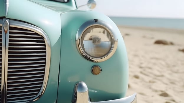 Vintage car parked on beach at sunny day. Neural network generated in May 2023. Not based on any actual person, scene or pattern.