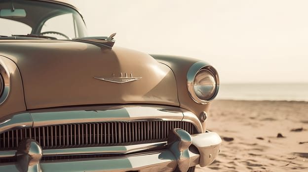 Vintage car parked on beach at sunny day. Neural network generated in May 2023. Not based on any actual person, scene or pattern.