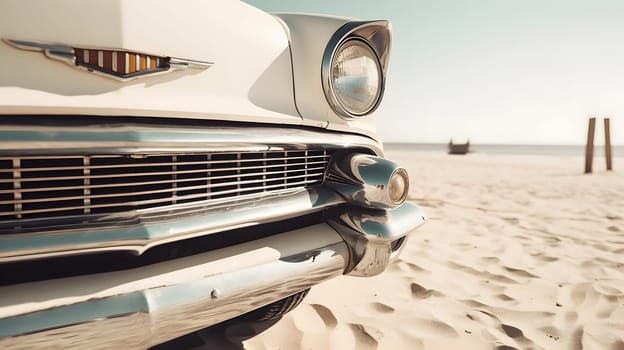 Vintage car parked on beach at sunny day. Neural network generated in May 2023. Not based on any actual person, scene or pattern.