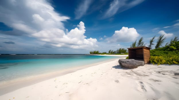 tropical beach with white sand, blue sky and turquoise water. Neural network generated in May 2023. Not based on any actual person, scene or pattern.