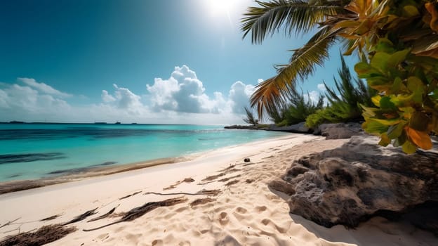 tropical beach with white sand, blue sky and turquoise water. Neural network generated in May 2023. Not based on any actual person, scene or pattern.