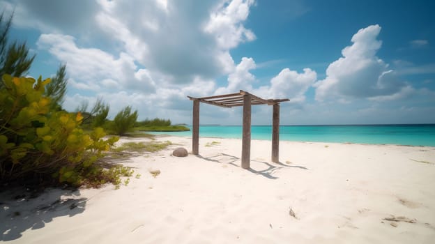 tropical beach with white sand, blue sky and turquoise water. Neural network generated in May 2023. Not based on any actual person, scene or pattern.