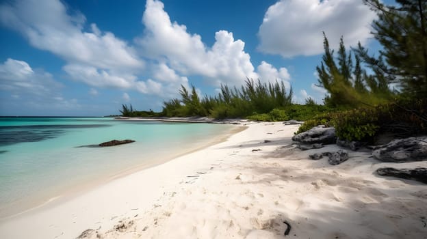tropical beach with white sand, blue sky and turquoise water. Neural network generated in May 2023. Not based on any actual person, scene or pattern.