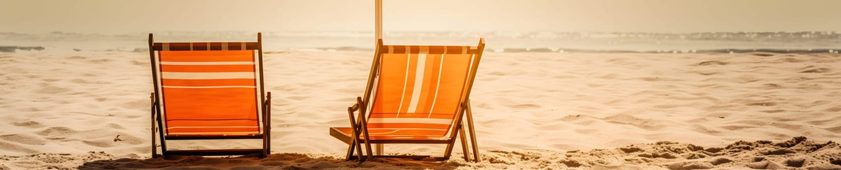 Beach umbrella with chairs on the sand beach - summer vacation theme header. Neural network generated in May 2023. Not based on any actual person, scene or pattern.