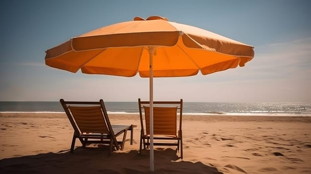 Orange beach umbrella with chairs on the sand beach - summer vacation theme header. Neural network generated in May 2023. Not based on any actual person, scene or pattern.