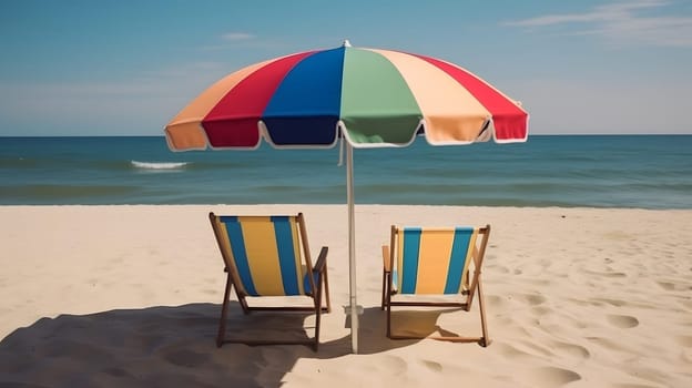 Beach umbrella with chairs on the sand beach - summer vacation theme header. Neural network generated in May 2023. Not based on any actual person, scene or pattern.