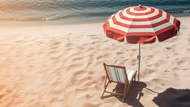 Beach umbrella with chair on the sand beach - summer vacation theme header. Neural network generated in May 2023. Not based on any actual person, scene or pattern.