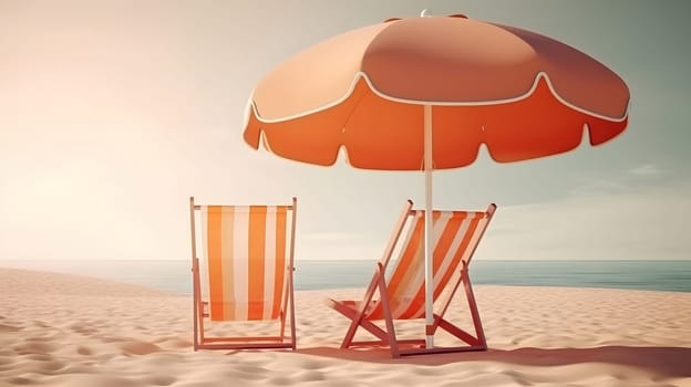 Orange beach umbrella with chairs on the sand beach - summer vacation theme header. Neural network generated in May 2023. Not based on any actual person, scene or pattern.