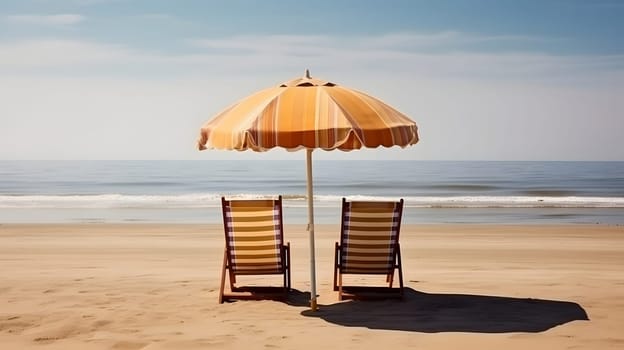 Orange beach umbrella with chairs on the sand beach - summer vacation theme header. Neural network generated in May 2023. Not based on any actual person, scene or pattern.