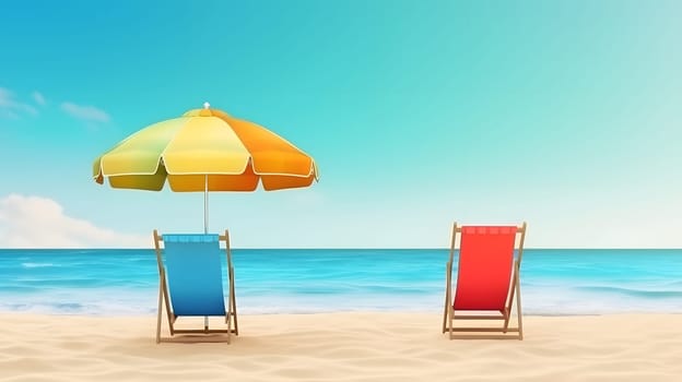 Beach umbrella with chairs on the sand beach - summer vacation theme header. Neural network generated in May 2023. Not based on any actual person, scene or pattern.