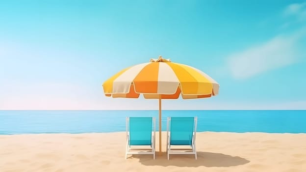 Beach umbrella with chairs on the sand beach - summer vacation theme header. Neural network generated in May 2023. Not based on any actual person, scene or pattern.