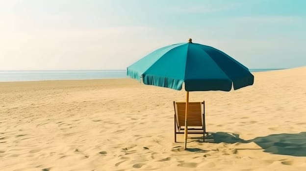 Blue beach umbrella with chair on the sand beach - summer vacation theme header. Neural network generated in May 2023. Not based on any actual person, scene or pattern.