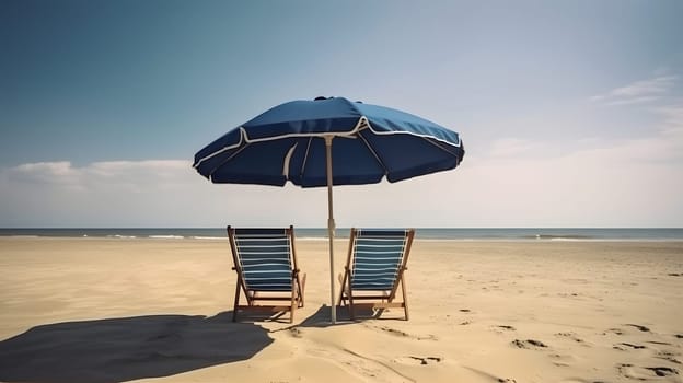 Blue beach umbrella with two chairs on the sand beach - summer vacation theme header. Neural network generated in May 2023. Not based on any actual person, scene or pattern.
