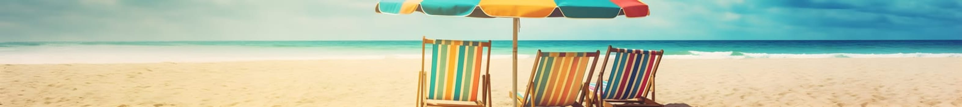 Beach umbrella with chairs on the sand beach - summer vacation theme header. Neural network generated in May 2023. Not based on any actual person, scene or pattern.