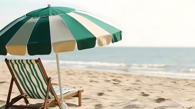 Beach umbrella with chair on the sand beach - summer vacation theme header. Neural network generated in May 2023. Not based on any actual person, scene or pattern.