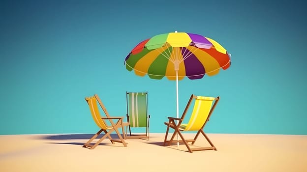 Beach umbrella with chairs on the sand beach - summer vacation theme header. Neural network generated in May 2023. Not based on any actual person, scene or pattern.