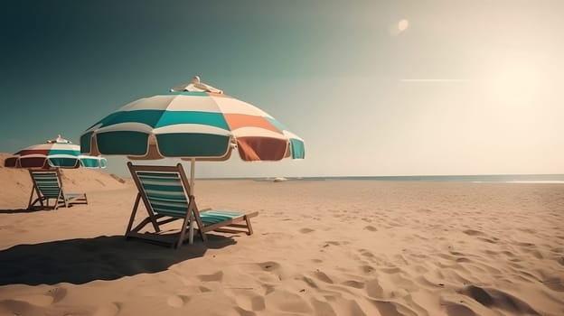 Beach umbrellas with chairs on the sand beach - summer vacation theme header. Neural network generated in May 2023. Not based on any actual person, scene or pattern.