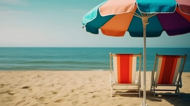 Beach umbrella with chairs on the sand beach - summer vacation theme header. Neural network generated in May 2023. Not based on any actual person, scene or pattern.