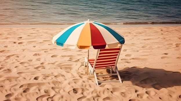 Beach umbrella with chair on the sand beach - summer vacation theme header. Neural network generated in May 2023. Not based on any actual person, scene or pattern.