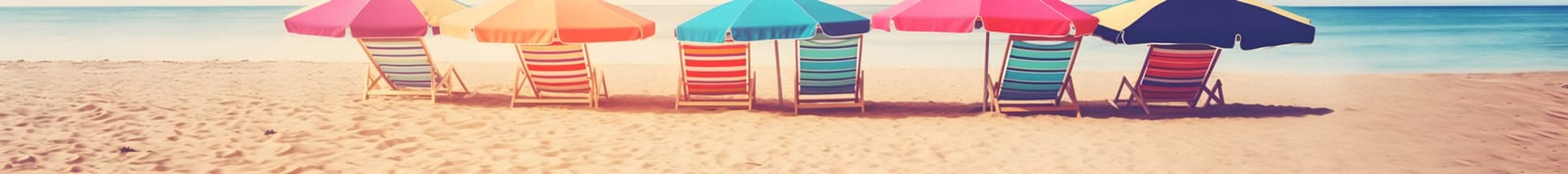 Beach umbrellas with chairs on the sand beach - summer vacation theme header. Neural network generated in May 2023. Not based on any actual person, scene or pattern.