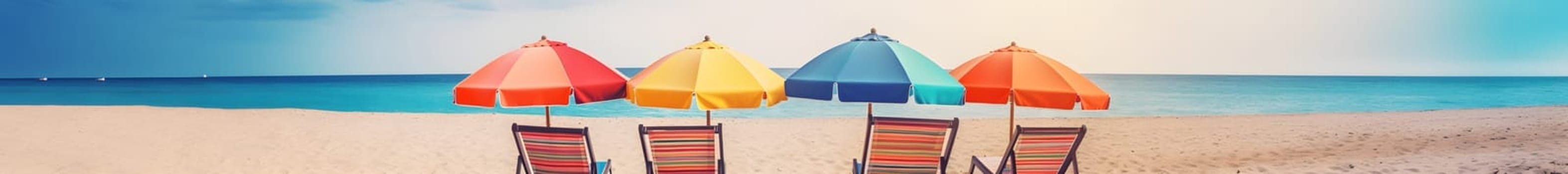 Beach umbrellas with chairs on the sand beach - summer vacation theme header. Neural network generated in May 2023. Not based on any actual person, scene or pattern.