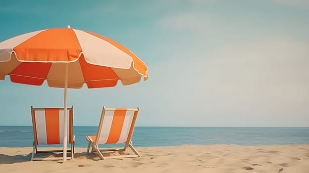 Orange beach umbrella with chairs on the sand beach - summer vacation theme header. Neural network generated in May 2023. Not based on any actual person, scene or pattern.