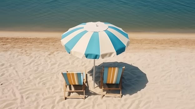 Beach umbrella with chairs on the sand beach. Neural network generated in May 2023. Not based on any actual person, scene or pattern.