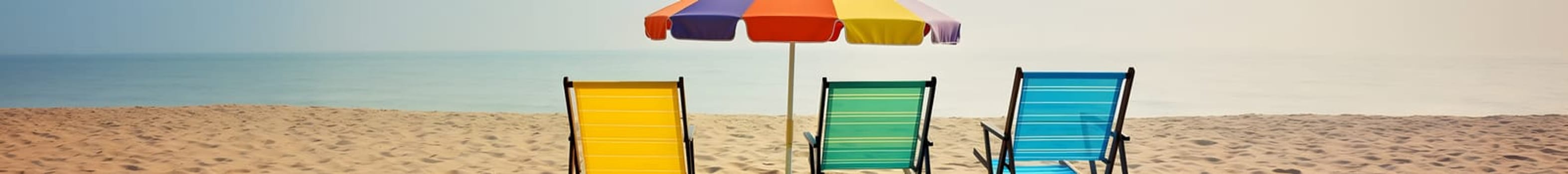 Beach umbrella with chairs on the sand beach - summer vacation theme header. Neural network generated in May 2023. Not based on any actual person, scene or pattern.