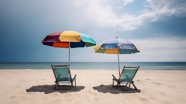 Beach umbrella with chairs on the sand beach - summer vacation theme header. Neural network generated in May 2023. Not based on any actual person, scene or pattern.