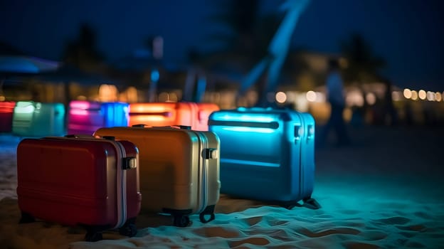 Few modern suitcases on tropical resort beach at night. Neural network generated in May 2023. Not based on any actual person, scene or pattern.