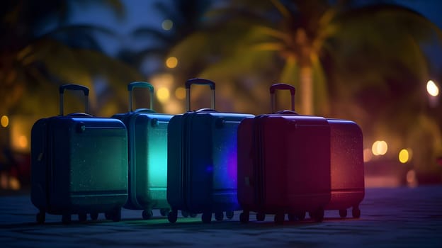 Few modern suitcases on tropical resort beach at night. Neural network generated in May 2023. Not based on any actual person, scene or pattern.