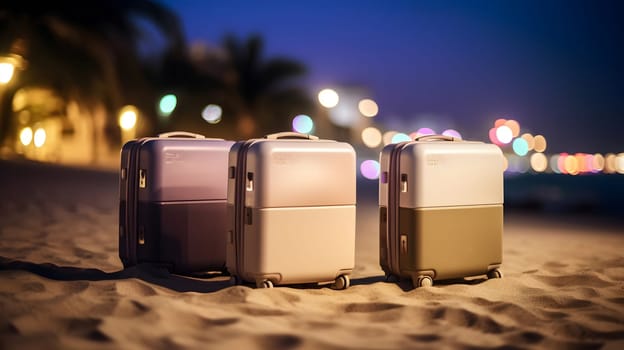 Few modern suitcases on tropical resort beach at night. Neural network generated in May 2023. Not based on any actual person, scene or pattern.