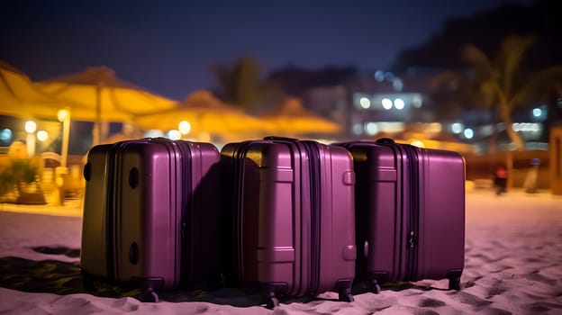 Few modern suitcases on tropical resort beach at night. Neural network generated in May 2023. Not based on any actual person, scene or pattern.