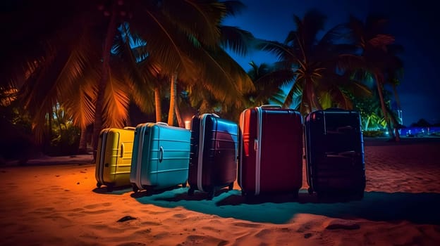 Few modern suitcases on tropical resort beach at night. Neural network generated in May 2023. Not based on any actual person, scene or pattern.