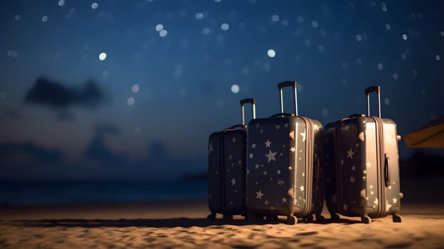 Three modern plastic suitcases on tropical resort beach at night. Neural network generated in May 2023. Not based on any actual person, scene or pattern.