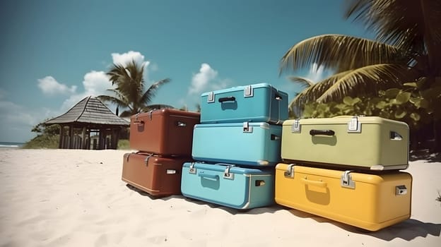 Few old-style leather or fiber suitcases laid on sand on sunny tropical beach. Neural network generated in May 2023. Not based on any actual person, scene or pattern.