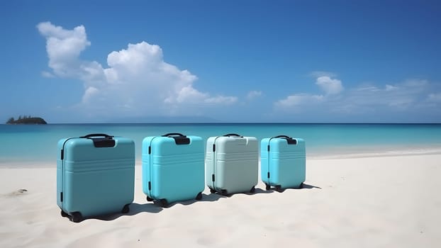 Few modern suitcases on tropical resort beach at sunny day. Neural network generated in May 2023. Not based on any actual person, scene or pattern.