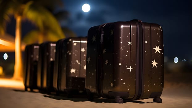 Few modern suitcases on tropical resort beach at night. Neural network generated in May 2023. Not based on any actual person, scene or pattern.