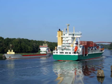 Ship encounter on a beautiful day in the Kiel Canal