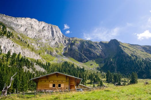 Hut in front of mountain panorama