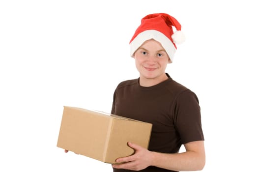 A man with a Santa Claus hat with a package in his hand